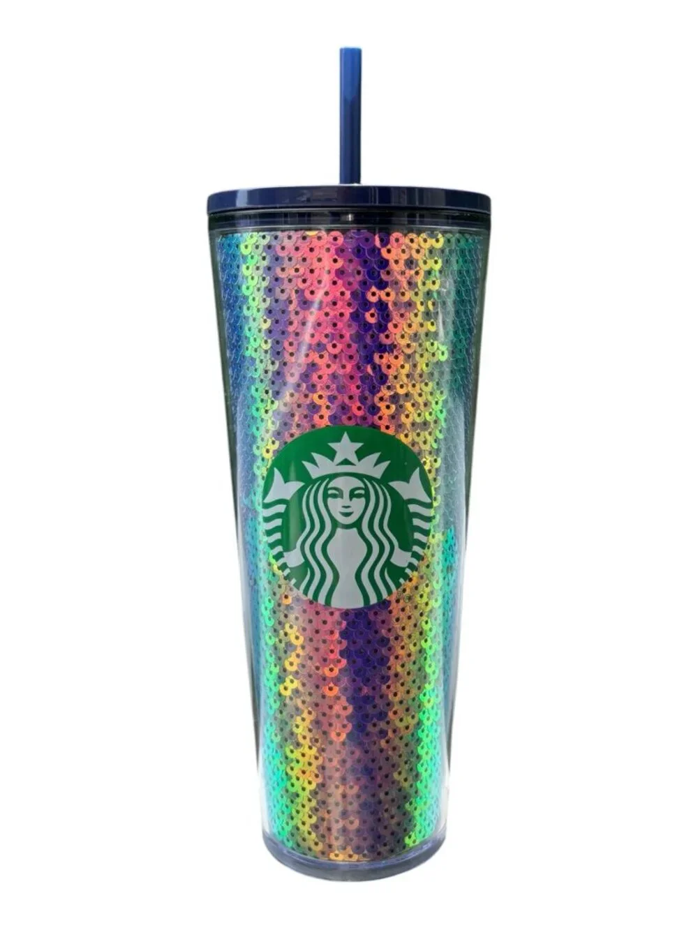 Starbucks Rainbow Sequin Cold Cup Tumbler 24oz‎ 710mL Blue Lid Straw Iridescent